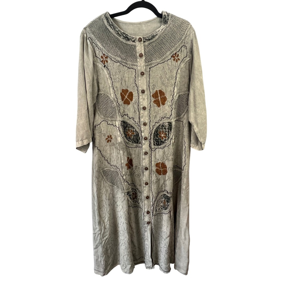 Bohemian Heavily Embroidered‎ Button Front Maxi Shift Dress 3/4 Sleeves Festival